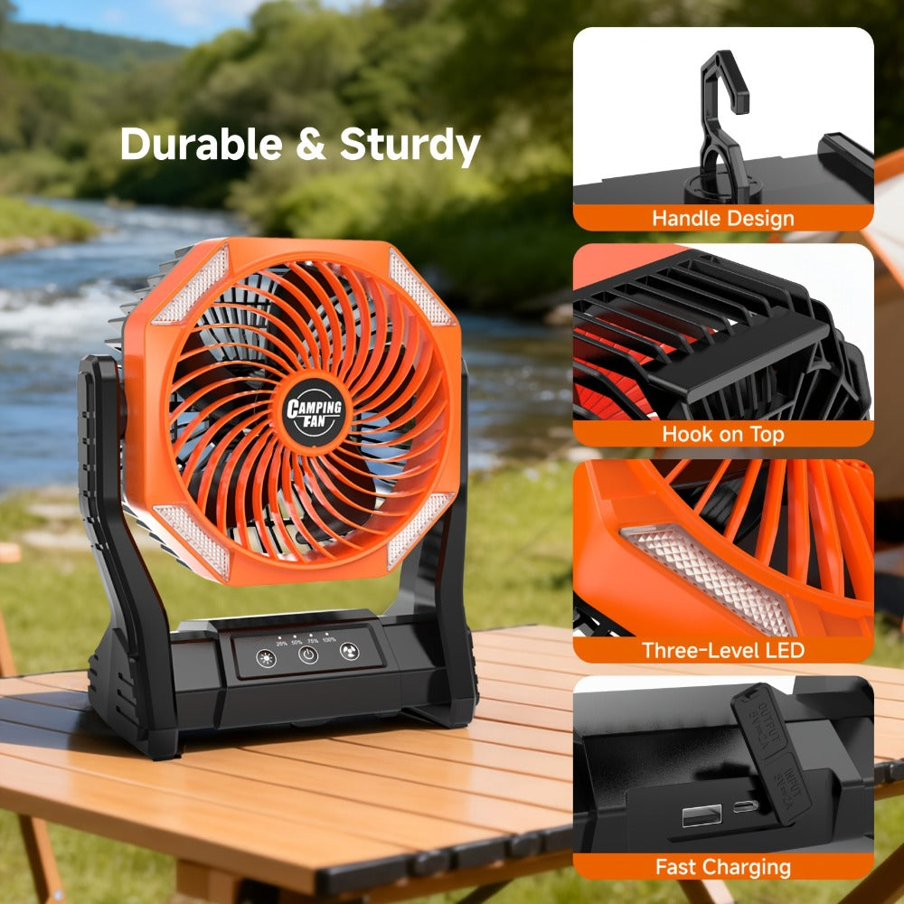 Camping Fan 20000mAh with LED Light and Brushless Motor, 4-Speed 180¡ã Oscillating Portable Outdoor Fan, 22-26H Long Runtime Anti-Slip Base, 3-in-1 Table Fan for Camping, Hiking, Picnic and Emergency