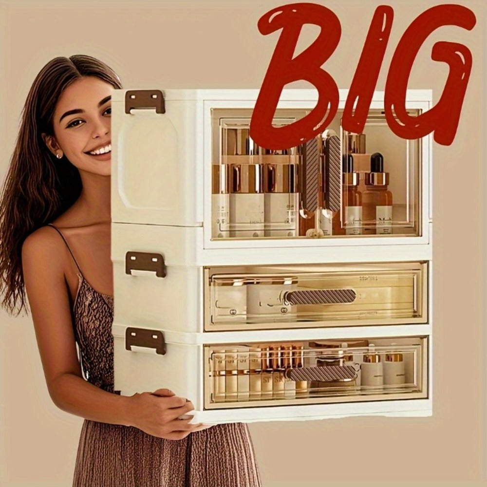 Makeup Storage Cabinet with Transparent Drawers, Stackable Cosmetic Organizer for Vanity, Foldable Plastic Skincare Storage Box, Retro White Gold Design, Desk Organizer for Bedroom Home