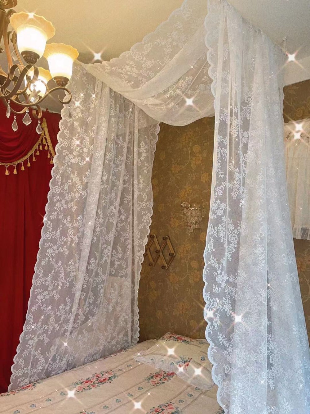 Lace Bed Canopy Mosquito Net ¨C Bohemian Romantic Sheer Bed Curtain for Bedroom, Hotel & Morocco Style Decor | Elegant White Princess Bed Drape for Twin, Full, Queen & King | 57x236 Inch
