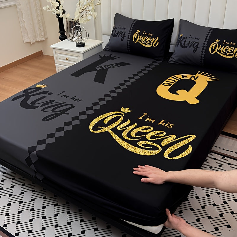 Bed Sheet Set 3 Piece Super Soft Microfiber Fitted Sheet with Pillowcases - Deep Pocket 15 Inch Crown Letter Print Color Block Bedding Twin Full Queen King All Season