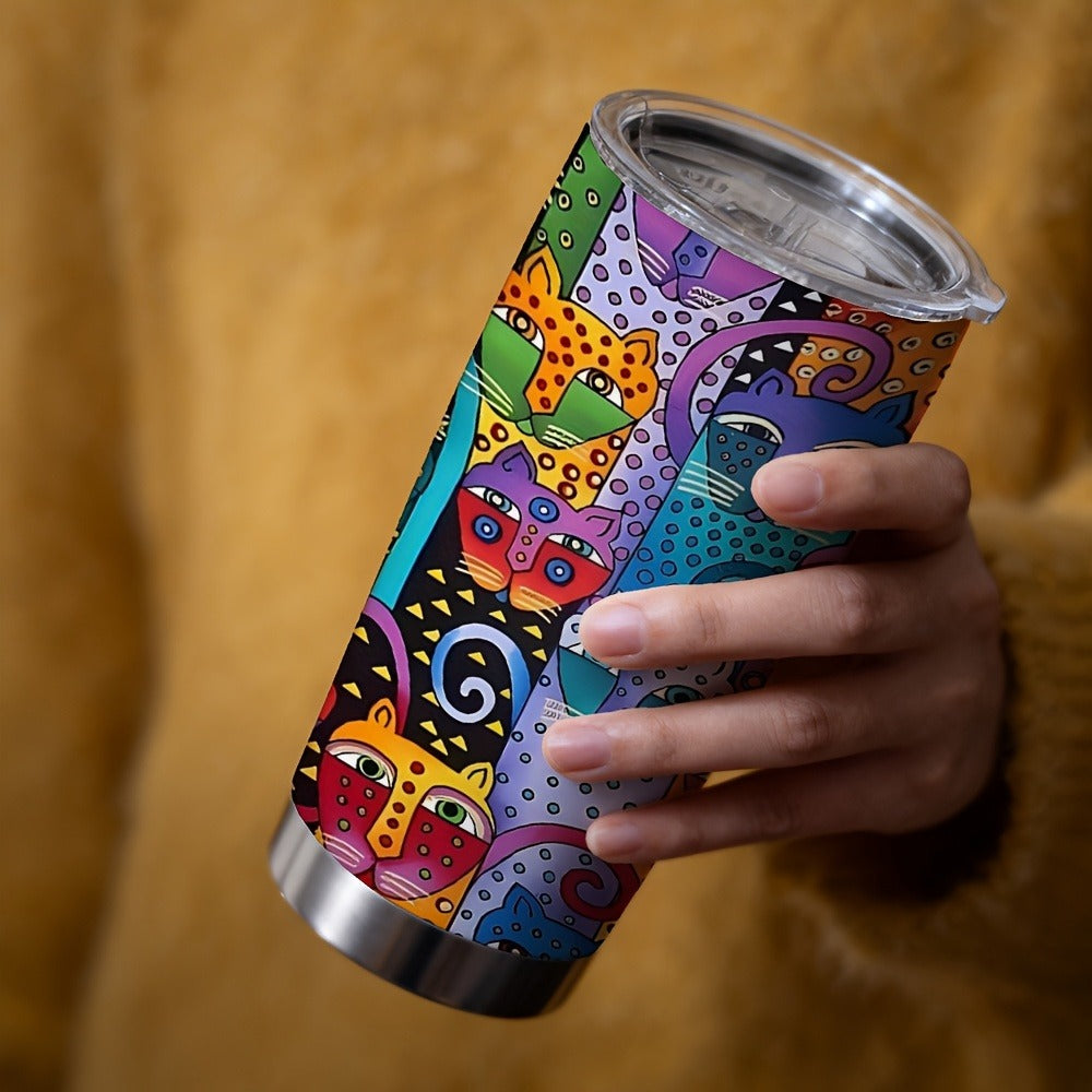 Cat Tumbler 20oz Abstract Cat Graphic Stainless Steel Insulated Cup with Lid & Straw Travel Coffee Mug Hot Cold Drinks Gift for Cat Lovers Birthday Mother's Day