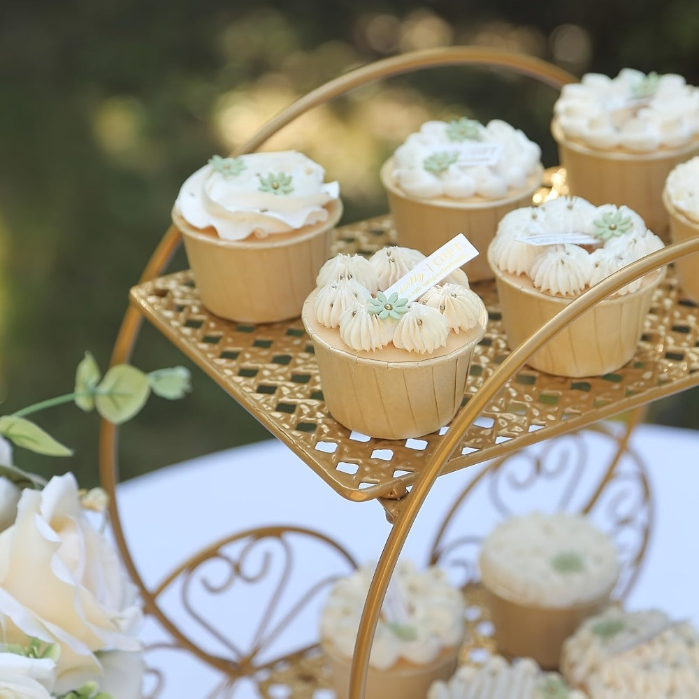 Cake Stand Pedestals Set of 3 | Golden Metal Geometric Stackable Dessert Display with Square Plastic Top | Multi-Tier Cupcake Tower for Wedding, Birthday, Holiday Party, Seasonal Table Decor