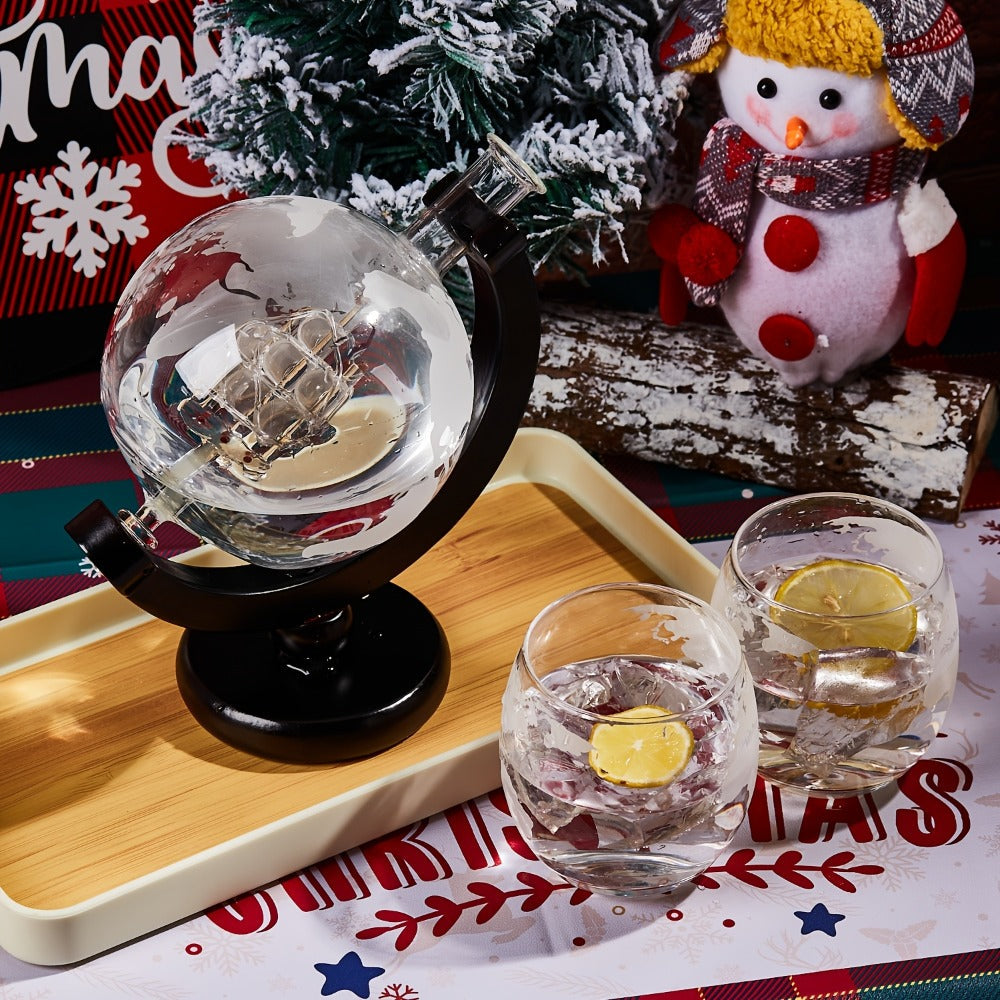 Whiskey Decanter Set with Glasses and Wooden Stand Ball Globe 28oz or Sailboat 44oz Etched Crystal Glass Cups for Whiskey Bourbon Scotch Birthday Wedding Anniversary Gift