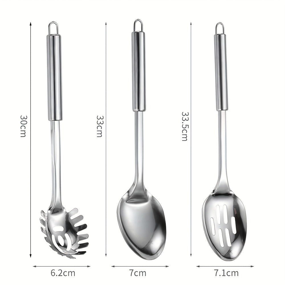 Stainless Steel Cooking Utensil Set 9 Piece for Nonstick Cookware ¨C 304 Grade, Heat Resistant Ergonomic Handles, Dishwasher Safe, Space Saving Kitchen Tools with Hanging Holes for Home & Professional Chefs