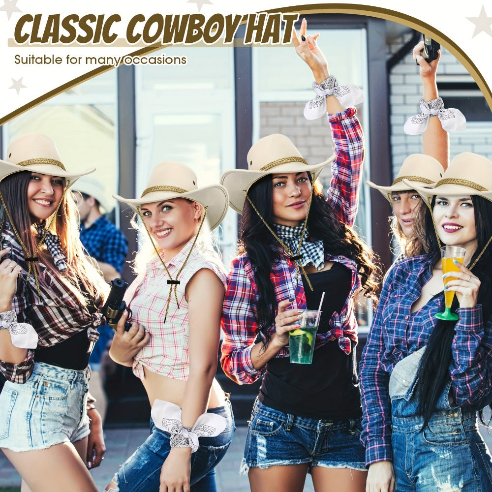 Cowboy Hat and Bandana Set 10-Pack | Bulk Cowgirl Western Hats with Polyester Bandanas for Adults Costume Party Halloween Birthday Rodeo Country Theme Events