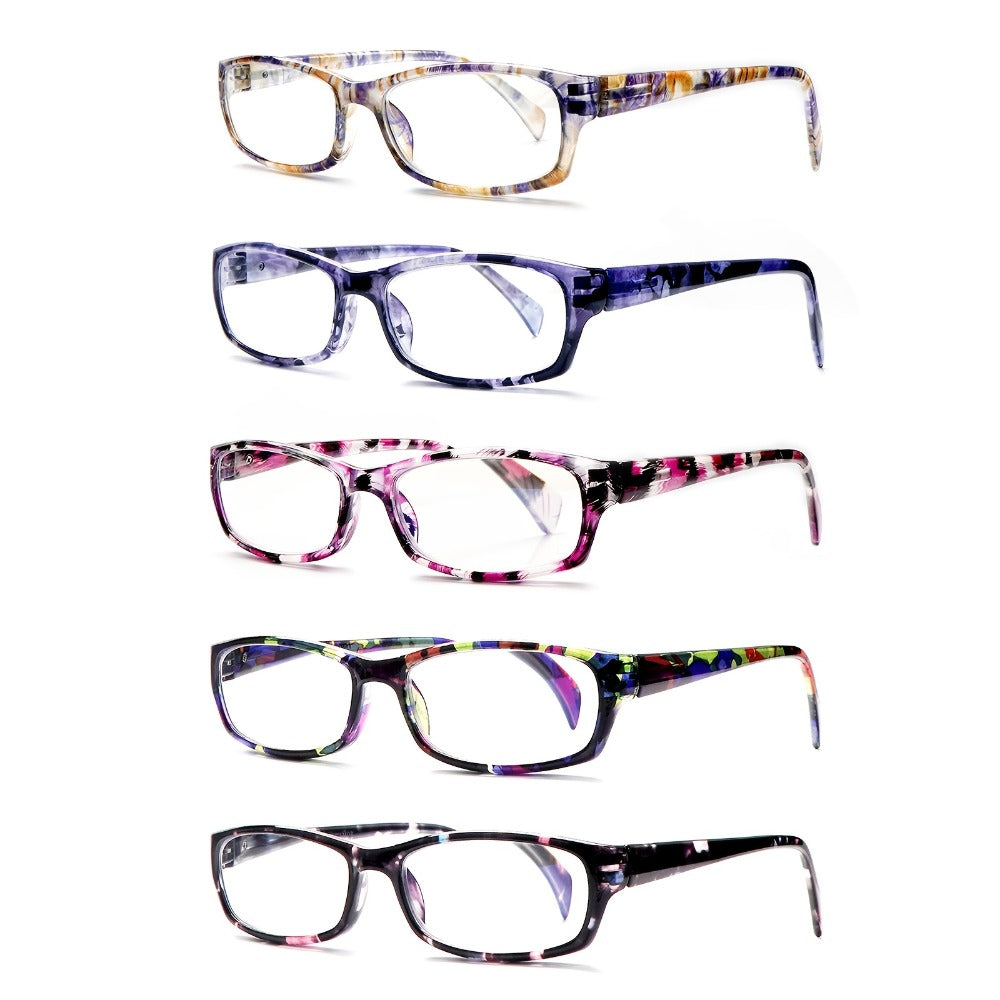 Reading Glasses 5 Pack for Women and Men Blue Light Blocking Readers Rectangular Spring Hinge Frame Anti Eyestrain Computer Reading Glasses Lightweight Fashionable Multi-Color Set Magnification 1.0 to 4.0