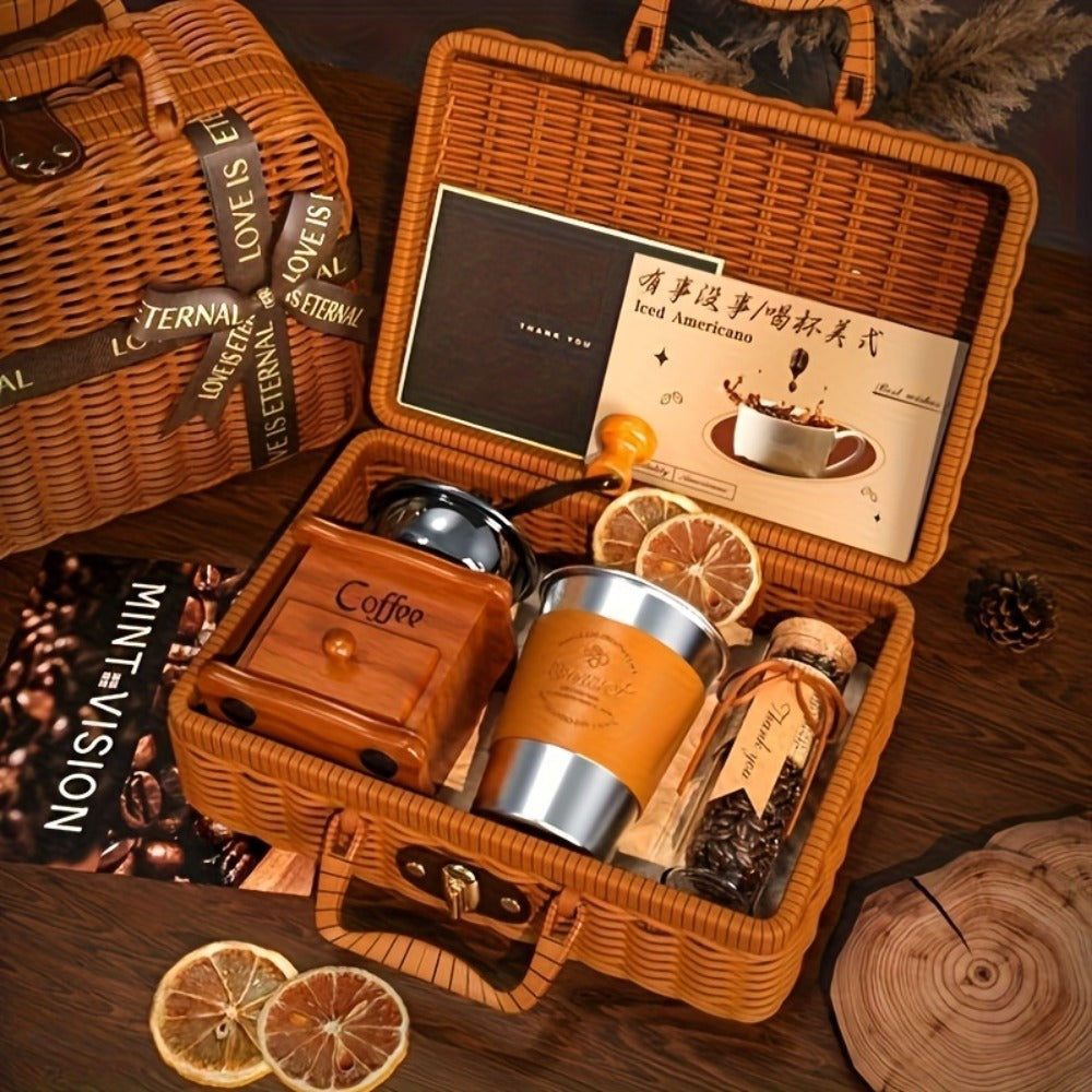 Manual Coffee Grinder Hand Grinder with 304 Stainless Steel Burr, Portable Square Coffee Mill for Travel, Camping, Office & Food Truck, Vintage & Brown Pipe Style, Perfect Coffee Gift Set