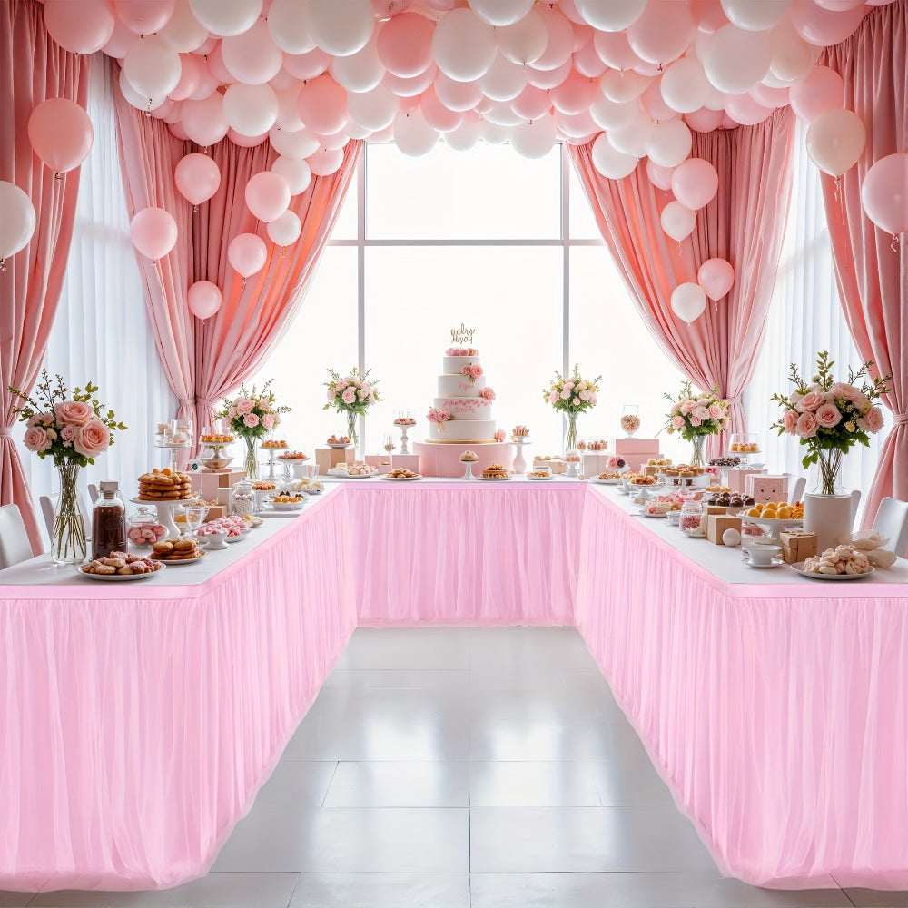 Pink Tutu Table Skirt 6ft ¨C Ruffle Tulle Table Skirt for Rectangle & Round Tables, Princess Girls Birthday Party, Cake Dessert Table Decor, Gold Brim, Multiple Colors Available