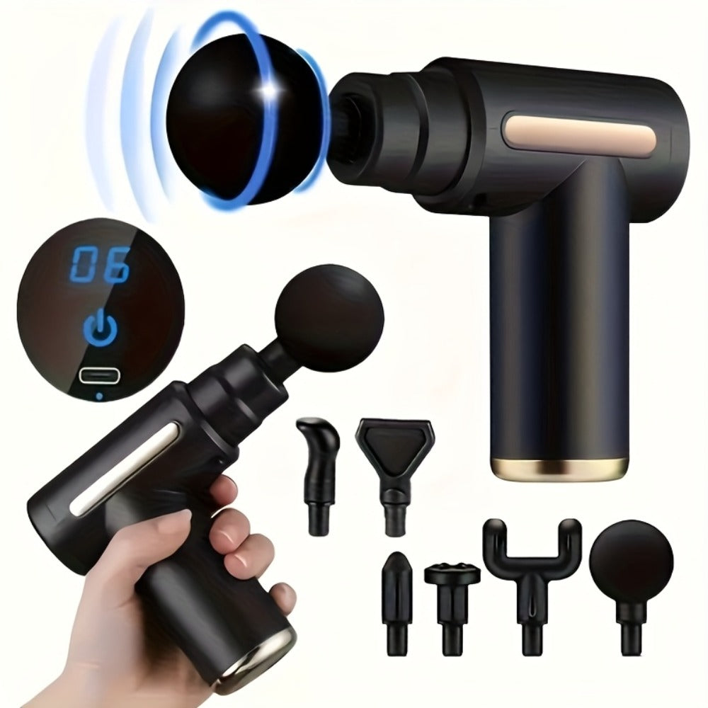 Portable Mini Fascia Gun ¨C USB Rechargeable Muscle Massage Gun with 4 Interchangeable Heads & 6 Speed Modes, Silent Motor Deep Tissue Massager for Back, Neck & Full Body Sports Recovery