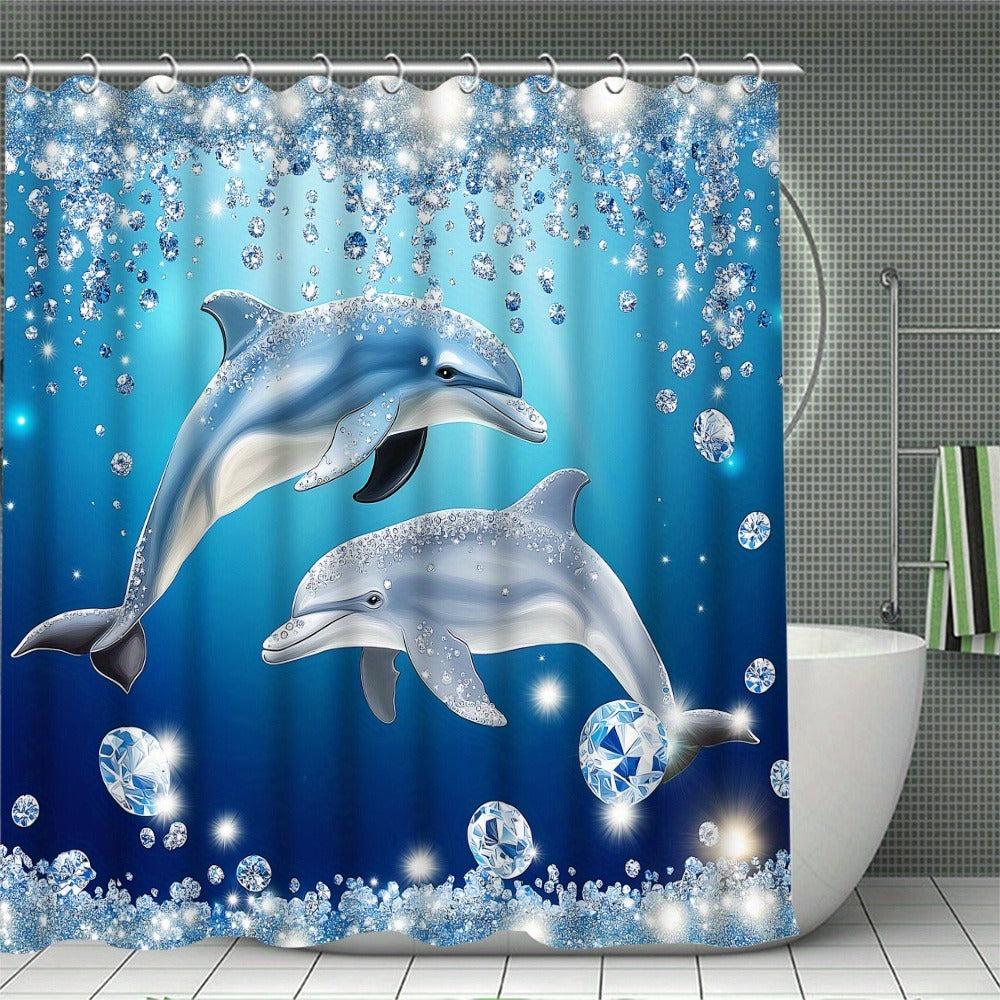 4pcs Dolphin Shower Curtain Set with Non-Slip Bath Mat, Toilet Rug & 12 Hooks ¨C Waterproof Bathroom Decor Gift Set