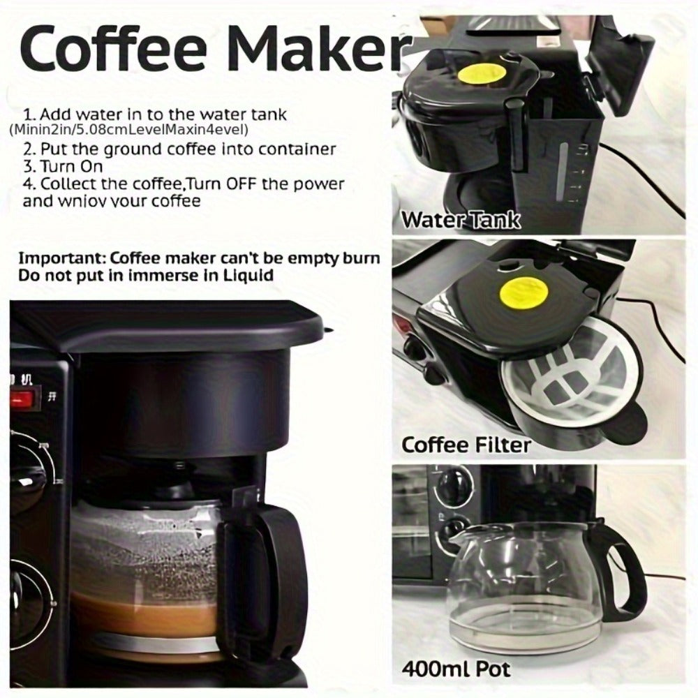 3-in-1 Breakfast Station Maker - Coffee Maker + Toaster + Frying Pan Combo, One-Touch Timing Fast Cooking, All-in-One Breakfast Machine 110V US Plug for Home Kitchen Apartment Dorm