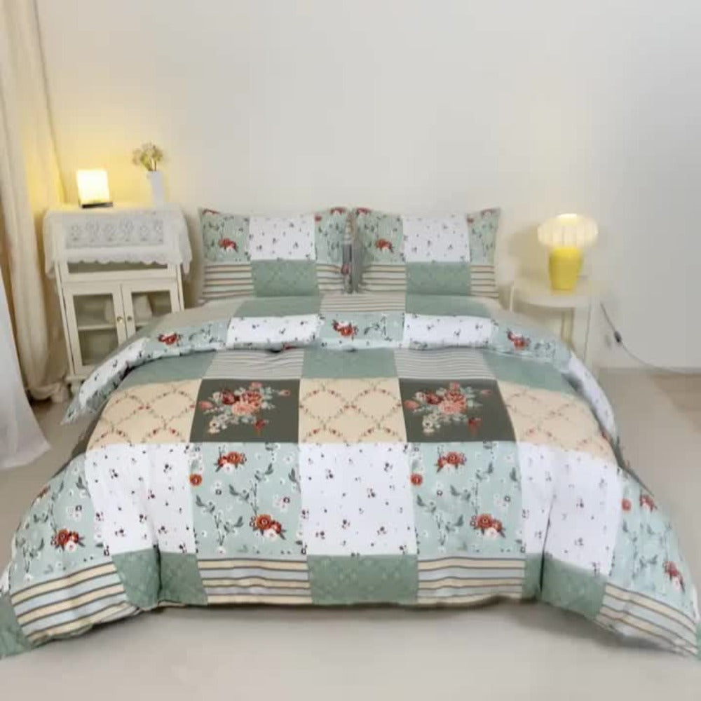 Floral Duvet Cover Set 3 Piece - Zipper Closure Patchwork Comforter Cover with 2 Pillowcases, All-Season Lightweight Kids Bedding Set, Pastoral Flower Plaid Print, Twin Full Queen King