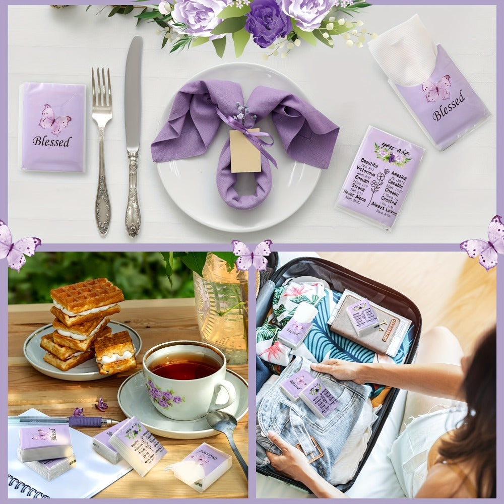 Christian Blessed Pocket Tissues 100 Pack 3-Ply Purple Butterfly Lavender Floral Design 7 Sheets Per Pack for Weddings Graduation Church Events Travel Gifts