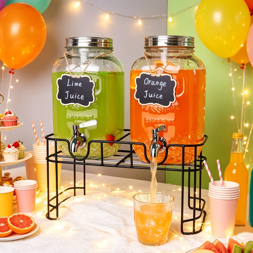 Glass Drink Dispenser with Fruit Infuser, Ice Cylinder & Stainless Steel Spigot ¨C 1 Gallon Beverage Dispenser with Stand for Parties, Weddings, BBQ & Lemonade