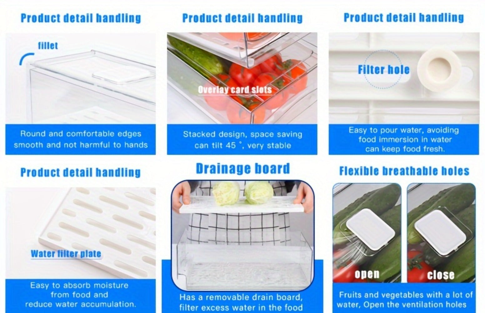 Stackable Fridge Organizer Bins with Drain Board 2 Pack, BPA-Free Refrigerator Drawer Organizer for Produce Fruit Vegetable, Reusable Food Storage Containers for Kitchen