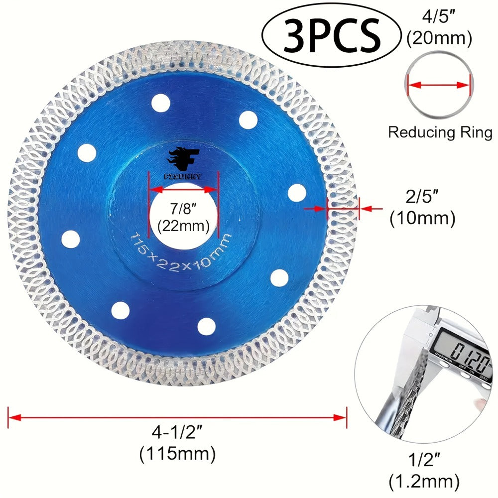 Diamond Saw Blade 4-1/2 Inch 3-Pack X-Teeth Ultra Thin Dry Wet Cut for Porcelain Ceramic Tile Brick Granite Concrete 13000 RPM 7/8 Arbor with 5/8 Adapter DIY Home Use