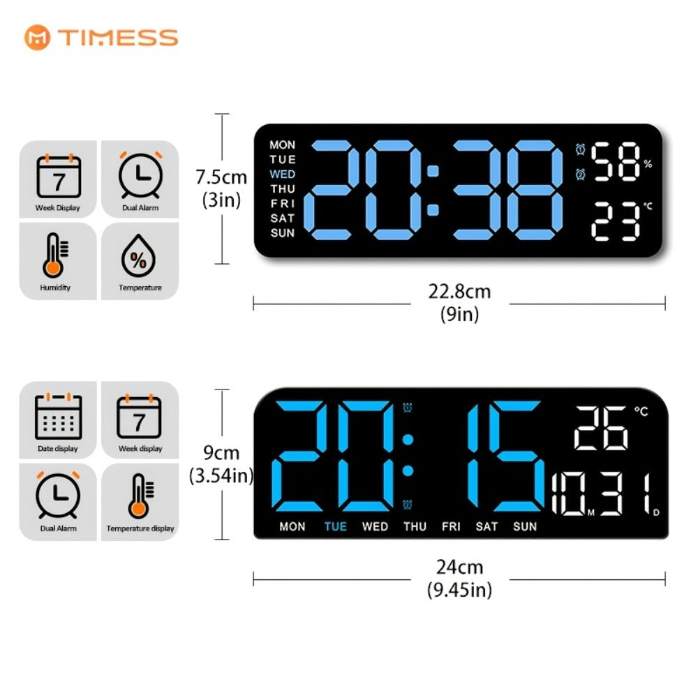 Large Digital LED Wall Clock Dual Alarm Clock with Temperature Date Display Brightness Adjustment 12/24H USB Powered for Living Room Bedroom Office Back to School Gift