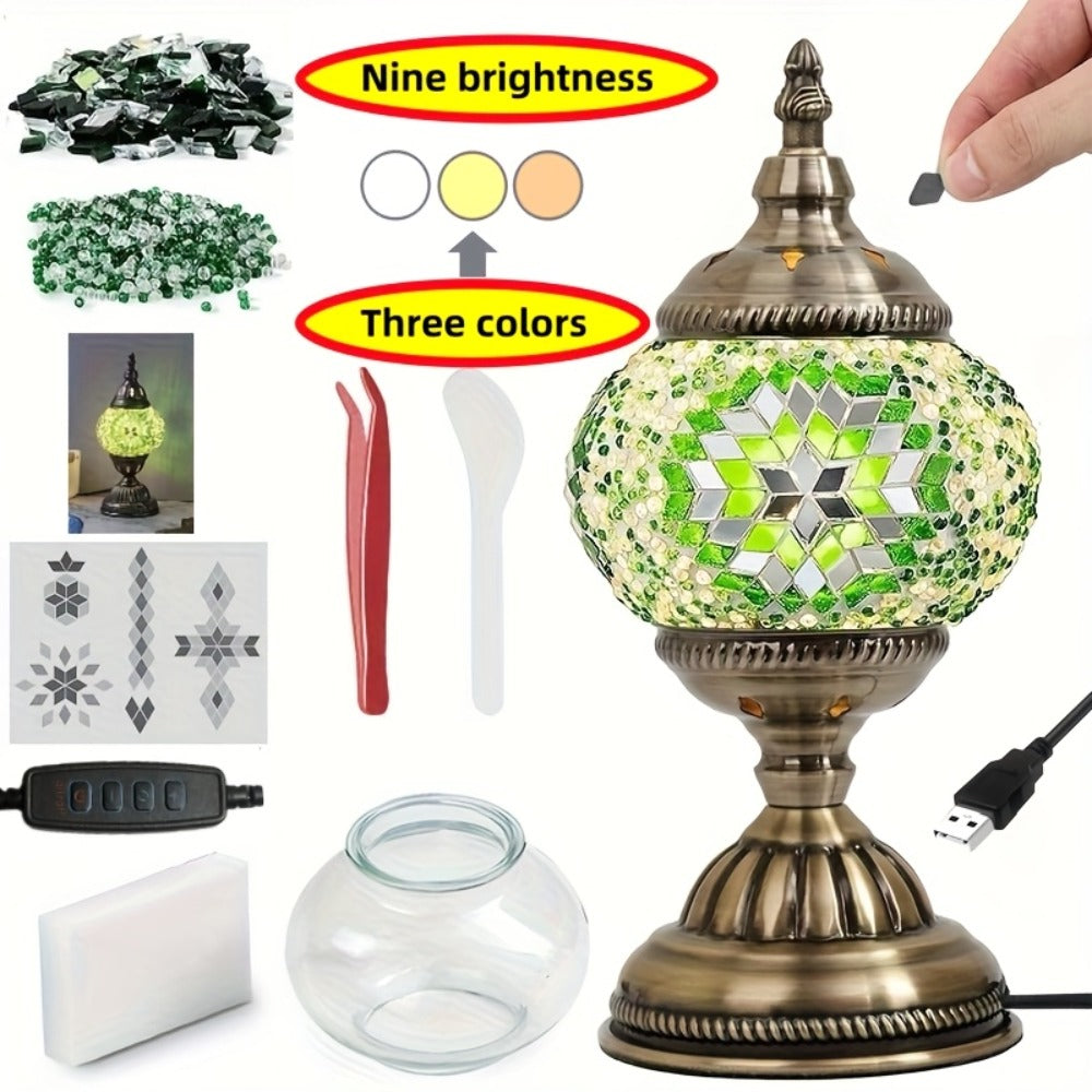 DIY Turkish Moroccan Mosaic Lamp Kit Handmade Glass Metal Brass Dimmable Bohemian Table Light for Bedroom Living Room Office Vintage Boho Decor Gift Multiple Colors 3-Color Adjustable Option