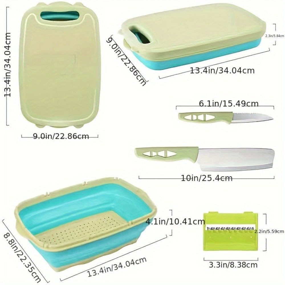 Cutting Board Set 9-in-1 Foldable Chopping Board with Colander Vegetable Wash Basket Drain Basket Kitchen Prep Board Camping BBQ Outdoor Cooking Tool Space Saving Portable Gift