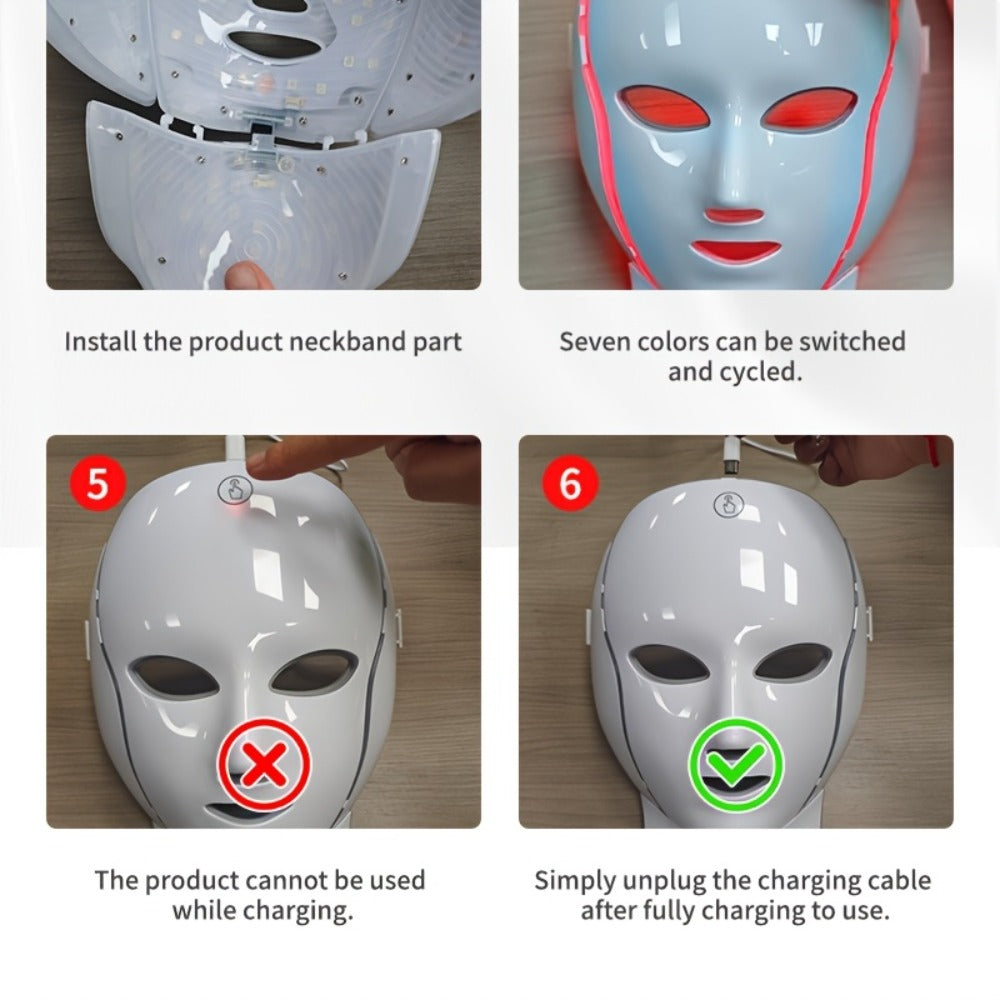 LED Light Therapy Facial Mask 7-Color USB Rechargeable ¨C Face Neck Anti-Aging Acne Rejuvenation Skincare Device, Beauty Instrument Gift for Women, Valentine's Day Mother's Day Birthday