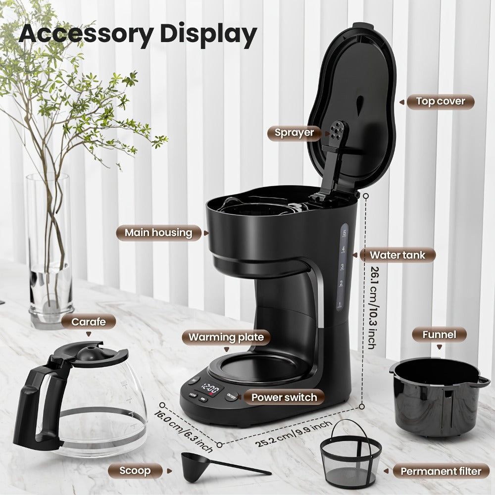 5-Cup Drip Coffee Maker with Coffee Pot, Auto Shut-Off, Anti-Drip & Dry Boil Protection, 25.36oz Water Tank, Compact Small Coffee Machine for Home & Office, Black