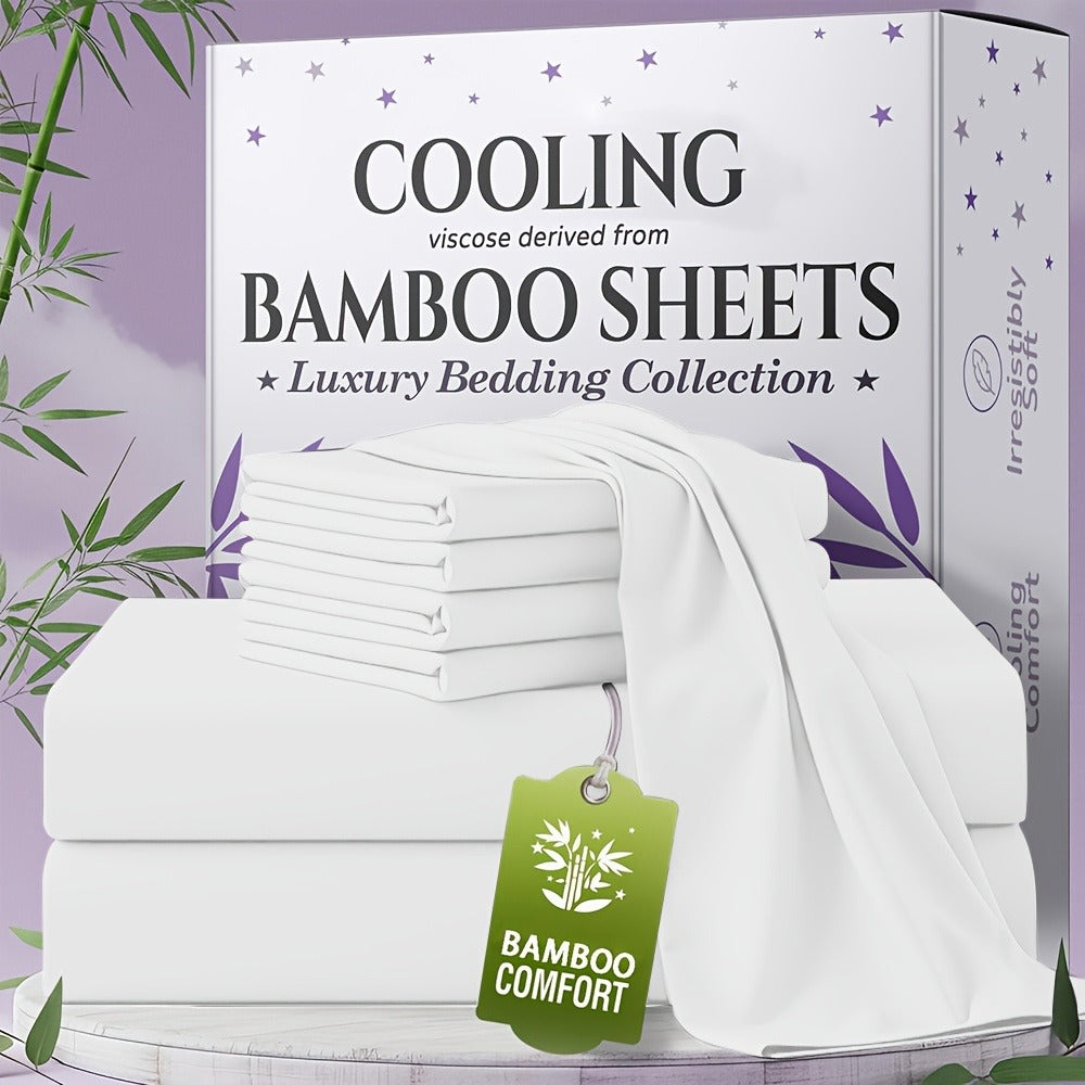Bamboo Bed Sheet Set 4-6 Piece Extra Deep Pocket Breathable Cooling Soft Wrinkle-Free Hotel Luxury Pillowcase Set Twin Full Queen King 15 Colors