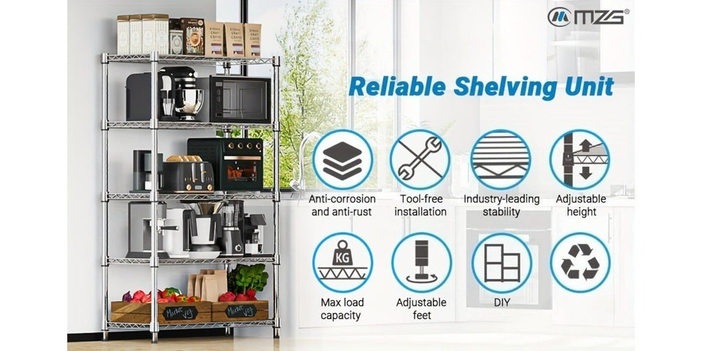 Metal Storage Shelving Unit Heavy Duty Adjustable 4 5 Tier Steel Shelf Rack for Garage Kitchen Pantry Workshop Black Chrome MZG