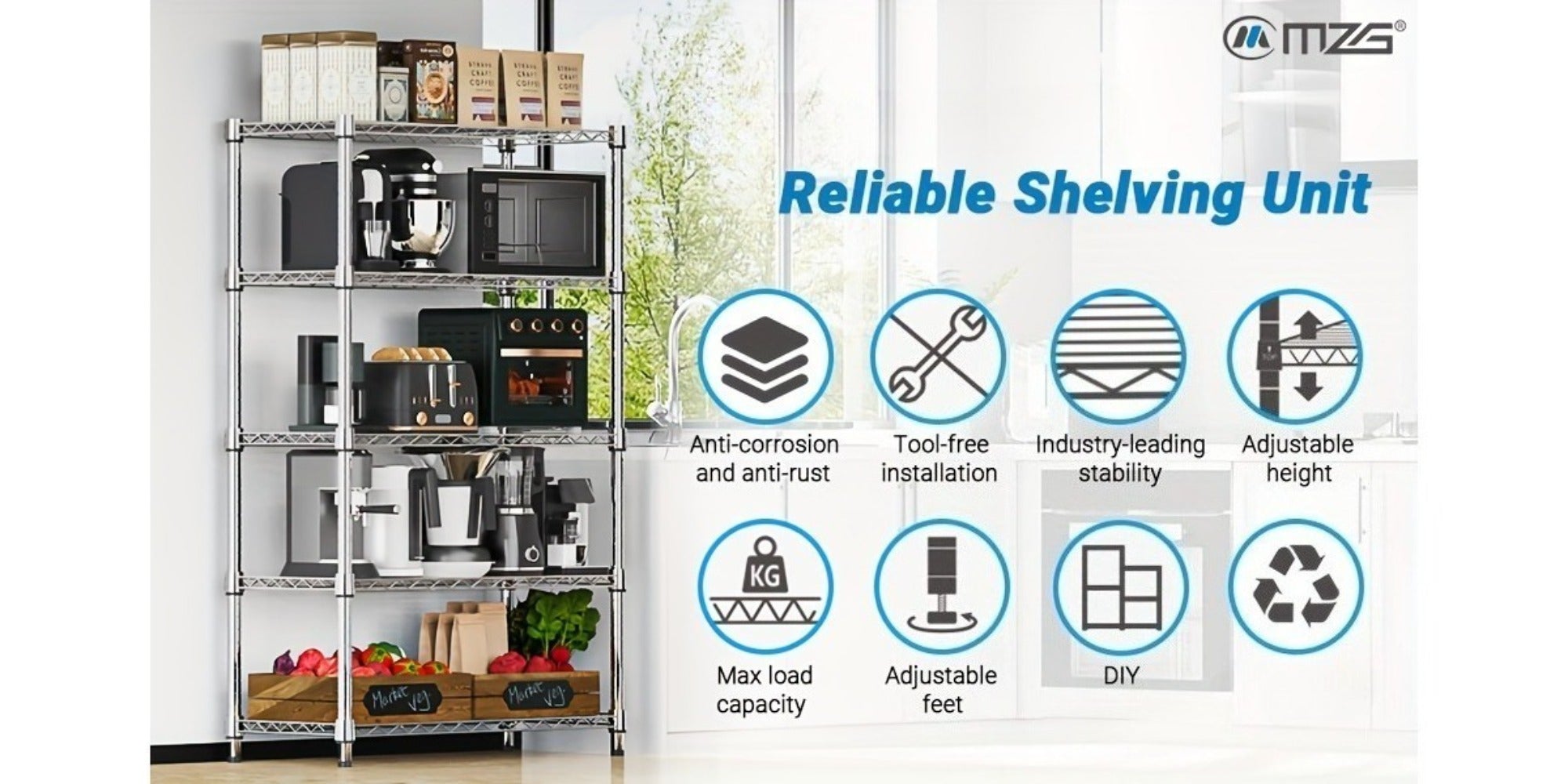 Metal Storage Shelving Unit Heavy Duty Adjustable 4 5 Tier Steel Shelf Rack for Garage Kitchen Pantry Workshop Black Chrome MZG