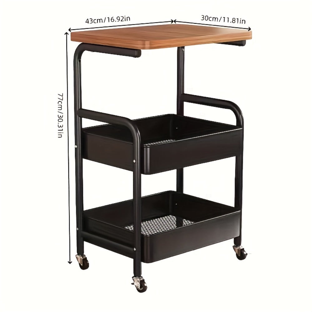 Storage Trolley with Wheels 3-Tier Wooden Tabletop Rolling Cart - Reinforced Black Metal Frame, Locking Casters, Multi-Use Organizer for Kitchen, Office, Bedroom & Living Room, Easy Assembly Printer Stand