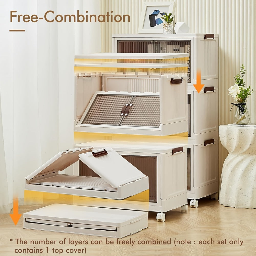 Stackable Storage Bins with Wheels & Drawers | Open Front Foldable Storage Organizer Bins for Home Bedroom Clothes Books Toys Holiday Christmas Gift Storage