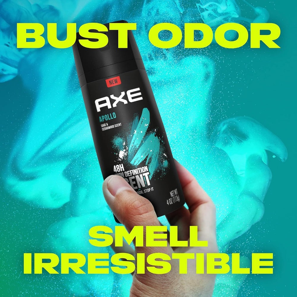 AXE Apollo Body Spray Deodorant Men Aluminum Free Long-Lasting Odor Protection Sage Cedarwood Scent 4oz 3 Count Pack Fresh Masculine Fragrance Daily Use