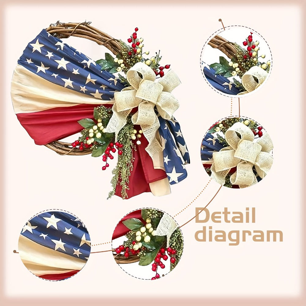 Patriotic 4th of July Door Wreath ¨C Red White & Blue American Flag Wreath with Burlap Bow for Independence Day, Memorial Day & Patriotic Home, Porch & Office Decor