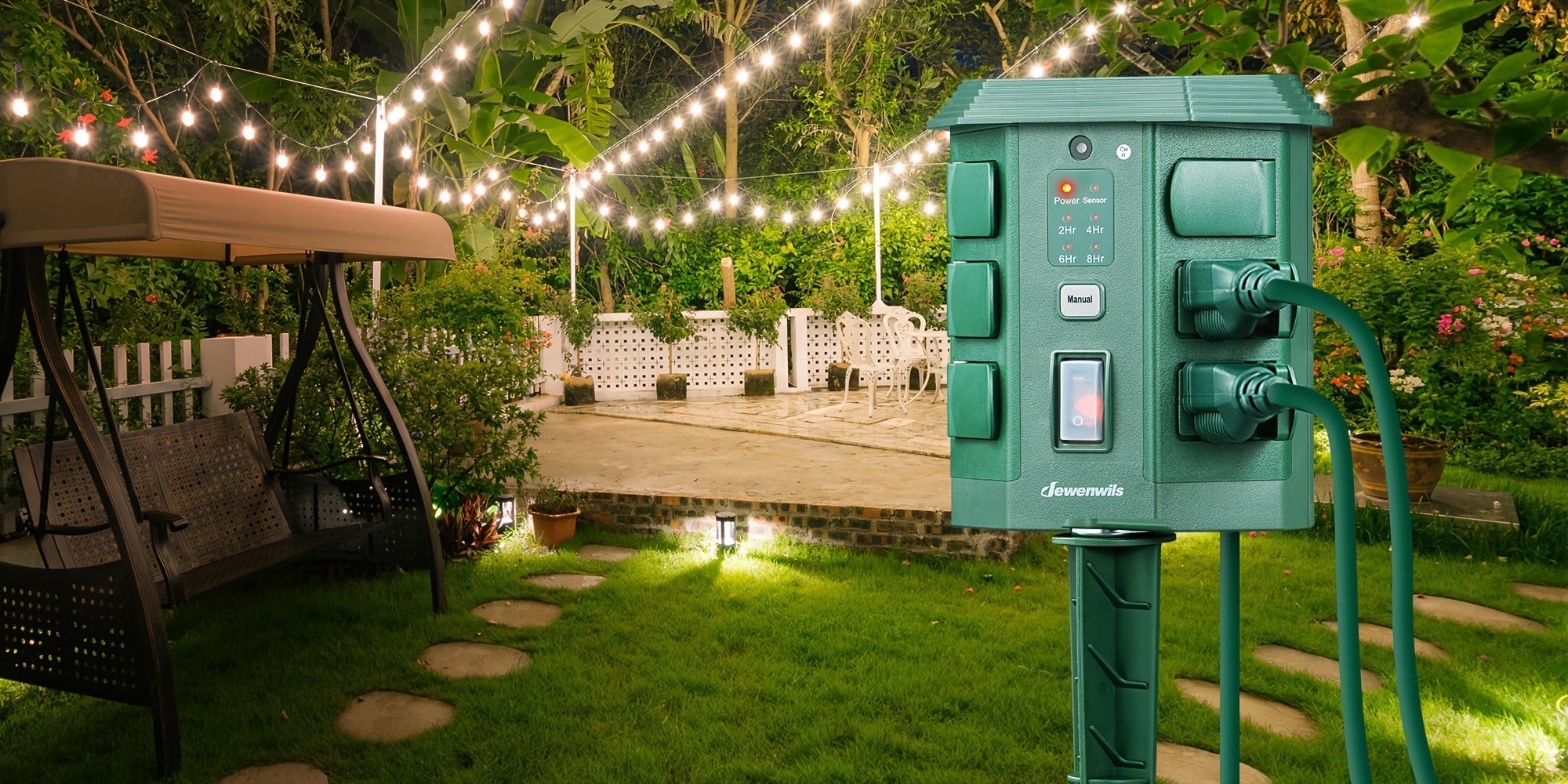 Outdoor Power Stake Timer 6 Outlet Weatherproof ¨C 100FT Wireless Remote Control, Dusk to Dawn Photocell Sensor, 7 Timer Modes, 6FT Cord, Overload Protection for Garden Yard Christmas Holiday Lights