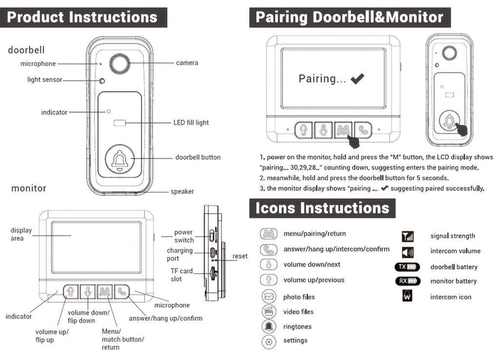 WiFi Video Doorbell with 4.3 Inch Indoor Monitor | Waterproof Night Vision Two-Way Audio Rechargeable Battery | Auto Photo Video Recording Senior Friendly Real-Time Monitoring
