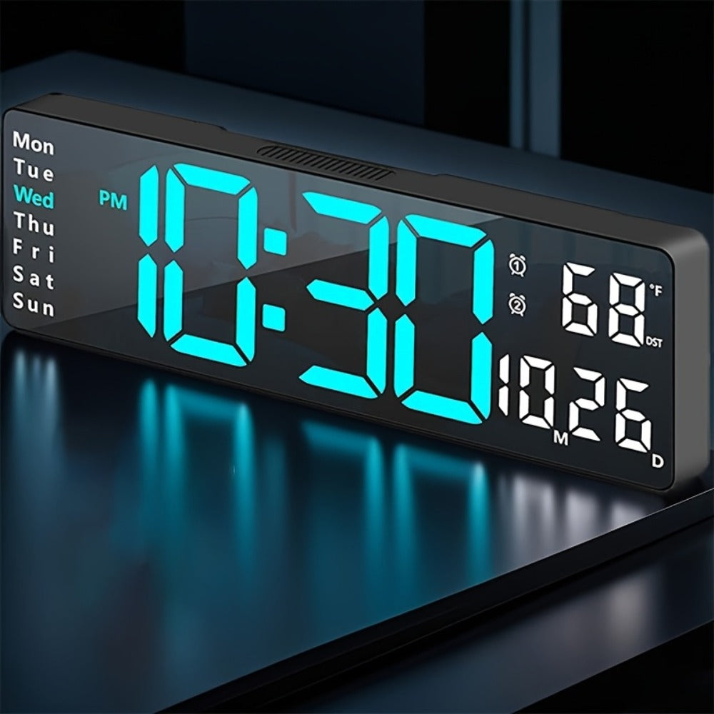 Large Digital Wall Clock 16 Inch LED Color Display, Smart Auto-Dimming 10-Level Brightness, Time Temperature Humidity Monitor, Dual Alarm with Snooze, USB Powered with Remote Control for Living Room Office Bedroom