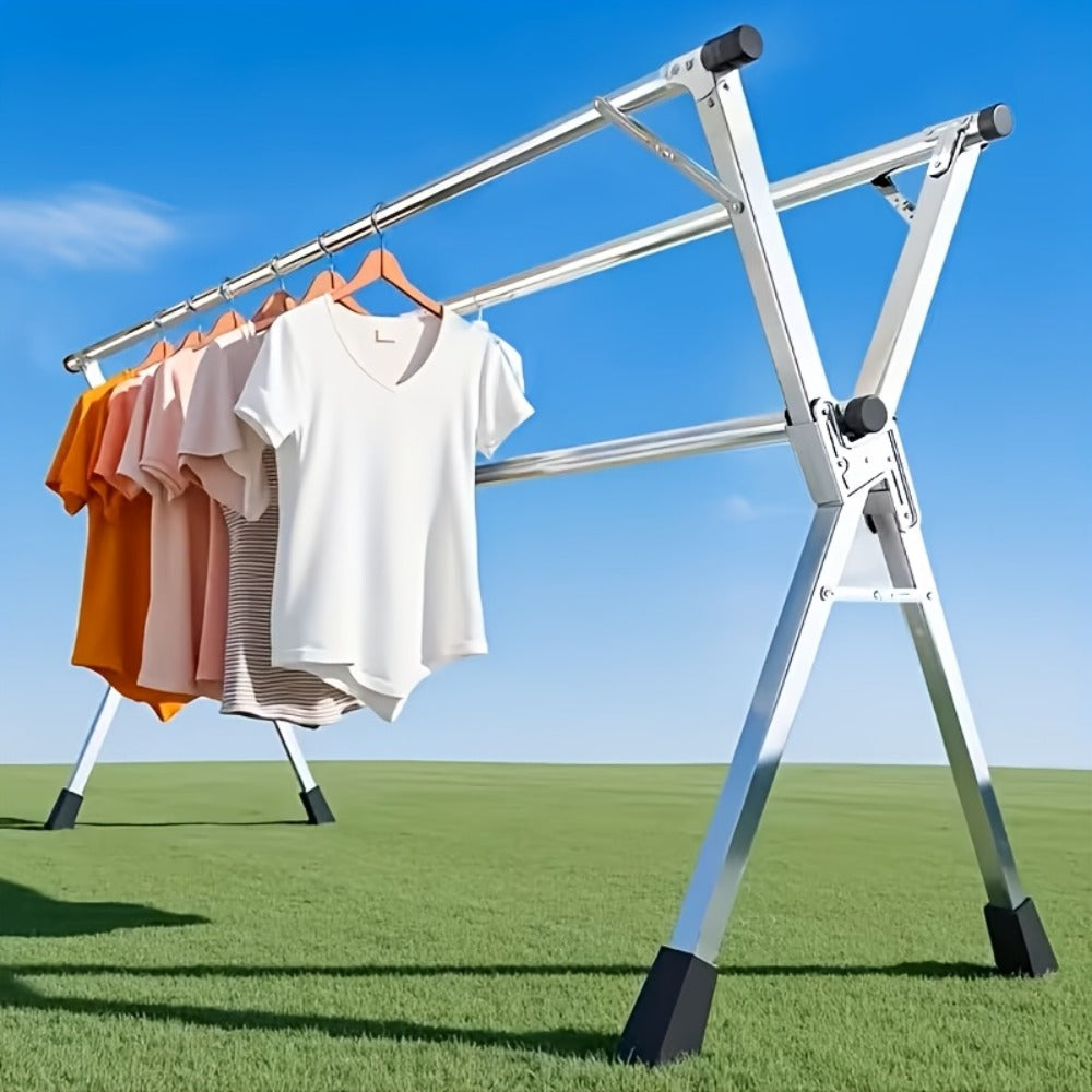 Foldable Clothes Drying Rack 3-Bar ¨C Heavy Duty Stainless Steel Collapsible Laundry Rack, Retractable 63¡± or 79¡± for Indoor & Outdoor Use ¨C Freestanding Portable Clothesline Drying Rack