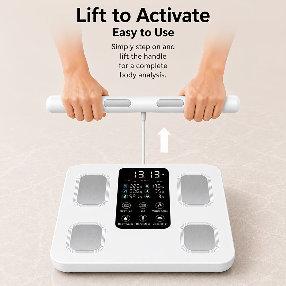 Smart Body Fat Scale with Handle, 8-Electrode Full Body Composition Analyzer, BMI Muscle Mass Monitor, Digital Weight Scale with APP Sync & LED Display for Home Gym Fitness Tracking