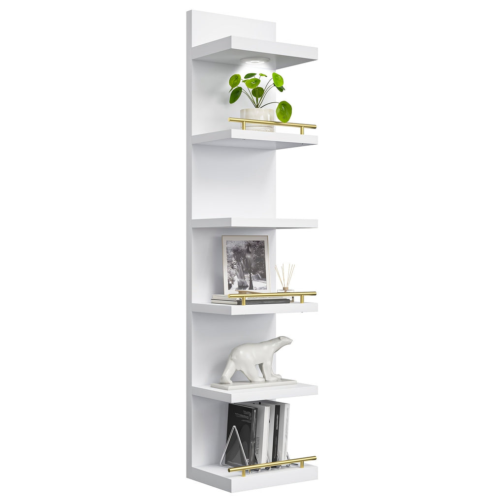 Floating Wall Shelves with LED Light - 6 & 8 Tier Wall Mounted Display Shelf Unit with Anti-Slip Rails for Bedroom, Living Room, Bathroom, Office & Dorm - Modern Space Saving Shelf (Black / White)