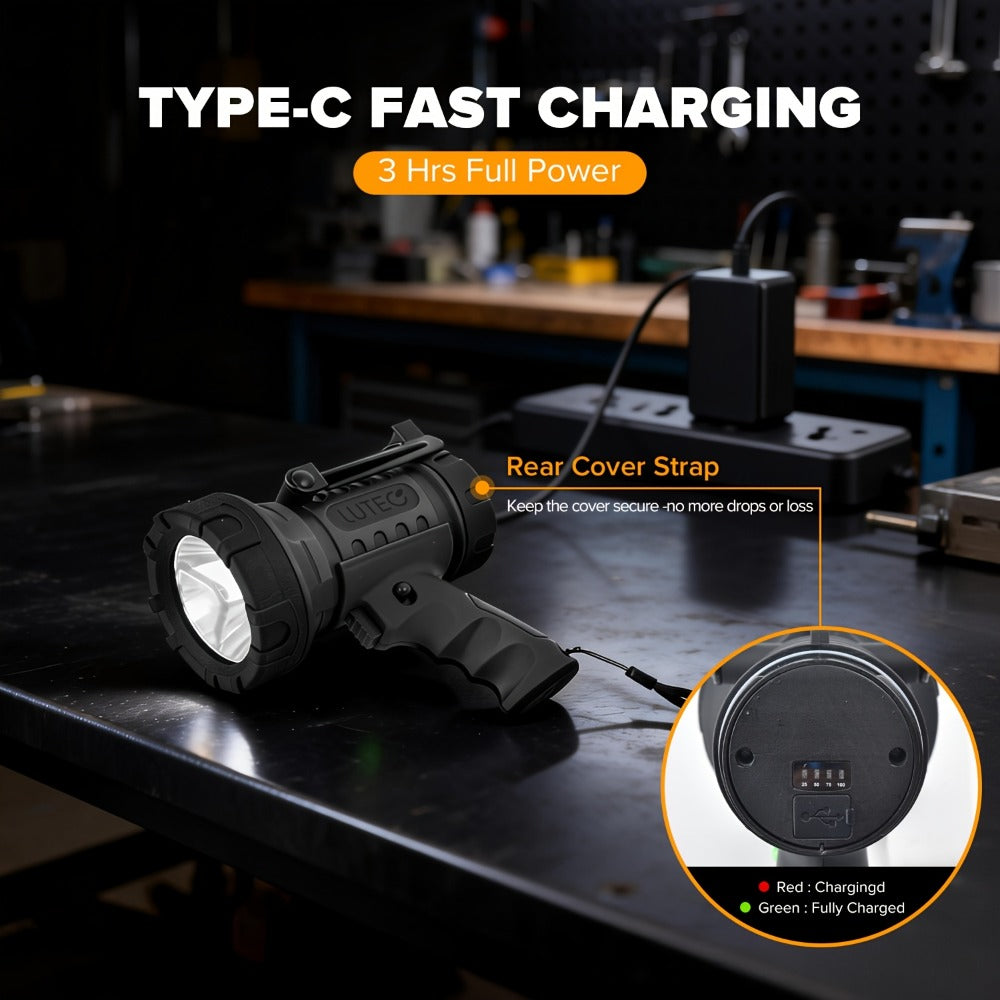 Rechargeable Spotlight Flashlight 1500LM Extremely Bright Handheld Searchlight ¨C 4 Modes, Foldable Stand, Red Light Filter, USB Rechargeable Portable Spotlight for Camping Hunting Emergency Outdoor Use
