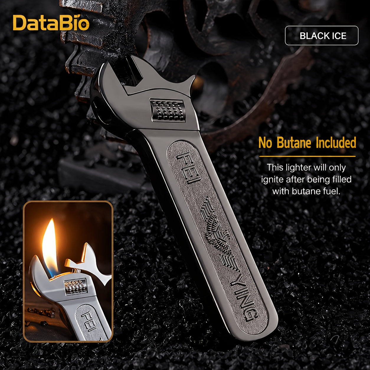 Spanner Shape Novelty Lighter ¨C Refillable Butane Windproof Metal Lighter, Cool Gadget Gift for Men | Father's Day Gift Idea | Bright Chrome & Black | No Butane Included