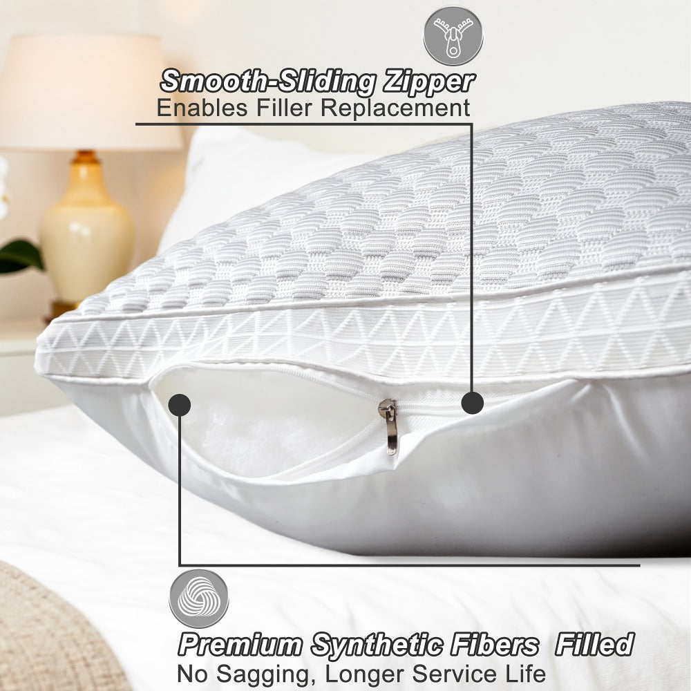Cooling Bed Pillows 2-Pack, Non-Collapsing Soft Support Pillow with Neck & Cervical Support, Breathable & Machine Washable, Queen Size Bed Pillows for Back Side Stomach Sleepers
