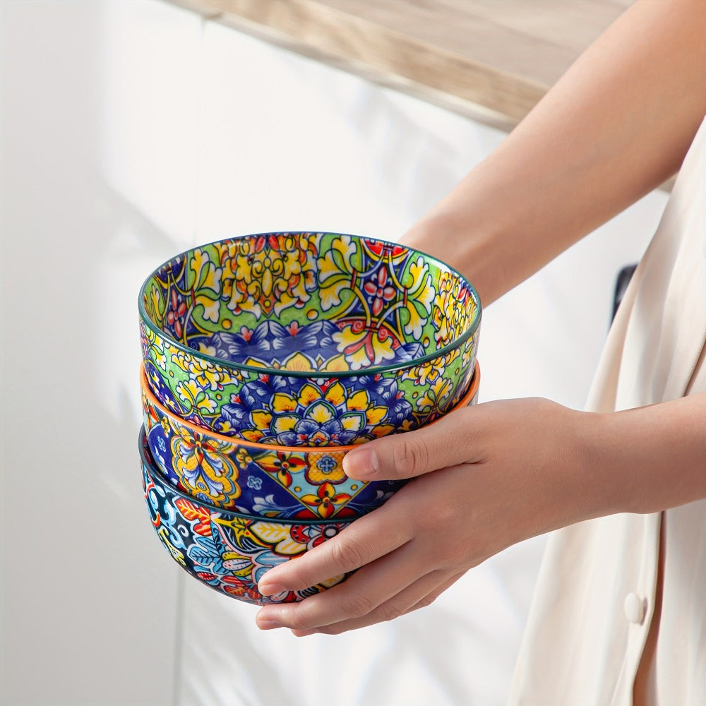 Cereal Bowl Set of 6 Bohemian Style 26oz ¨C Colorful Ceramic Bowls for Cereal Soup Oatmeal Salad Ice Cream Pasta Microwave Dishwasher Safe Boho Kitchen Decor Gift for Home