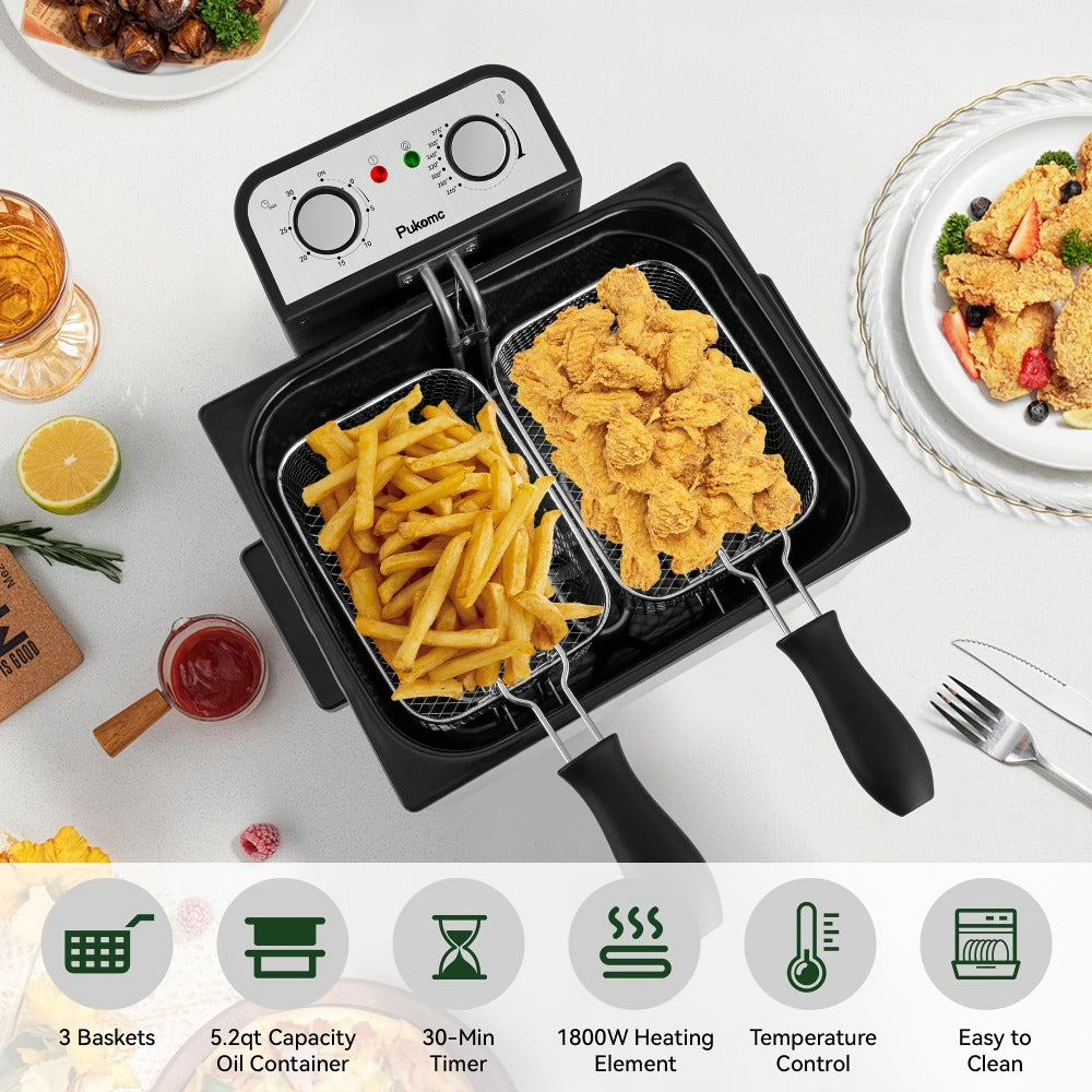 Deep Fryer Stainless Steel Large Capacity with Adjustable Temperature Control - 304 Stainless Steel Oil Fryer with Viewing Lid Cool-Touch Handles Easy Clean Basket, 5 Size Options 1.5L to 6L for Home Kitchen