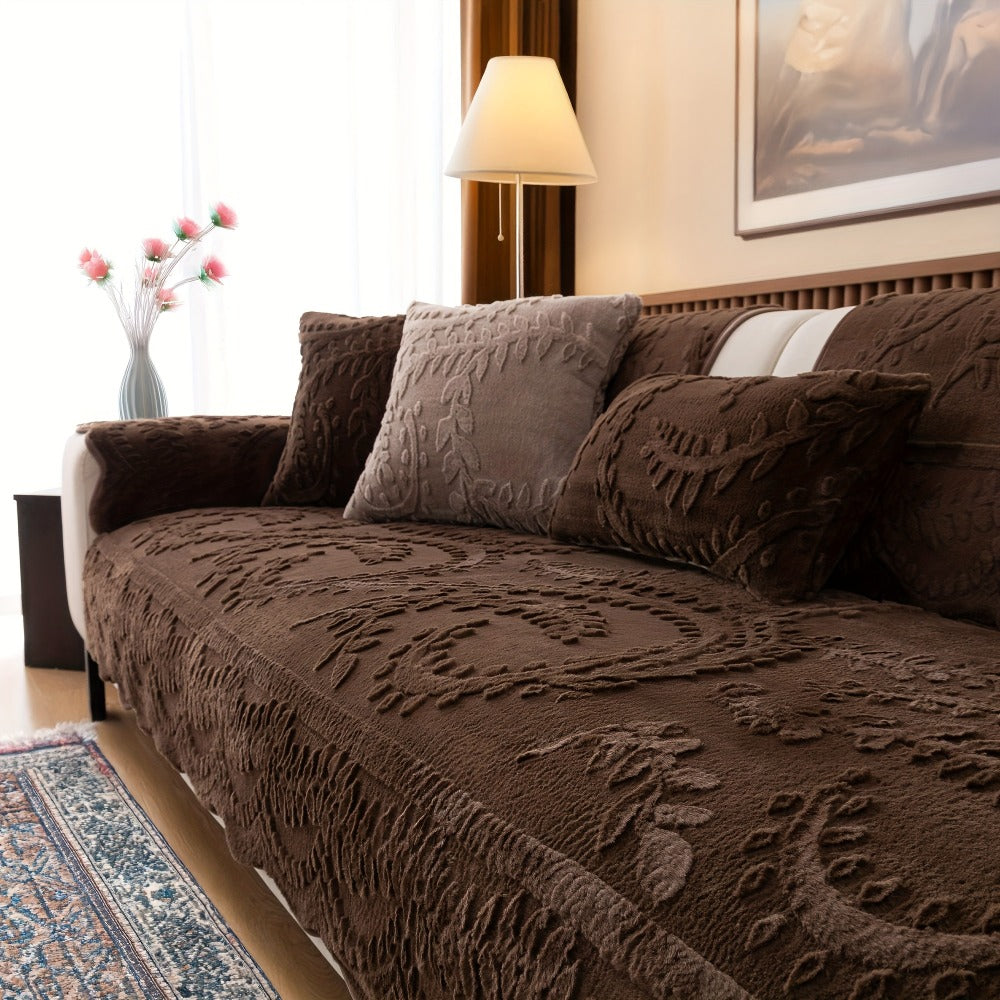Faux Rabbit Fur Plush Sofa Cover Non-Slip | Thickened Quilted Couch Cushion, Machine Washable Pet Friendly, 1 to 4 Seat Armrest Backrest, White Light Grey Brown, Home Winter Decor