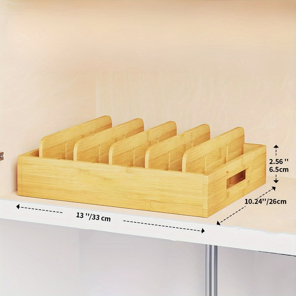 Bamboo Lid Organizer for Kitchen Cabinet with 5 Adjustable Dividers - Tupperware Lid Holder for Food Container Lids, Pot Lids Storage Rack with Writable Labels, 13¡± Wide