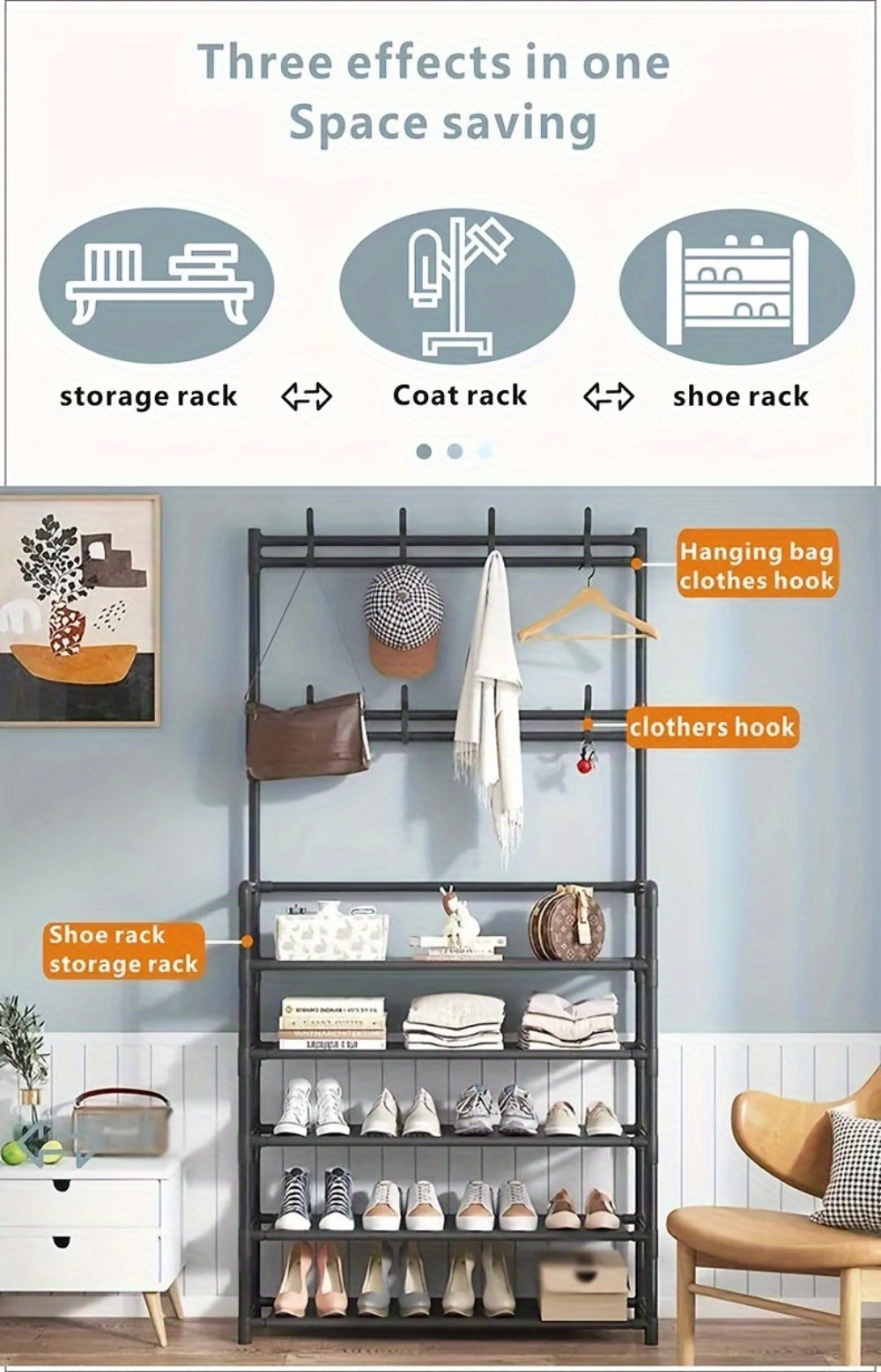 Shoe Rack Organizer with 8 Double Hooks & Multi-Layer Storage Shelves ¨C Floor Standing Coat Hat Holder for Entryway Bedroom Living Room