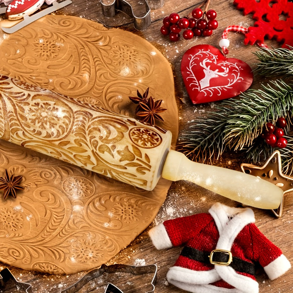 Embossed Wooden Rolling Pin with Engraved Pattern, Decorative Patterned Rolling Pin for Cookie Baking, Christmas Snowflake Flower Design Dough Roller for Fondant Pie Pastry, Baking Gift Kitchen Tool