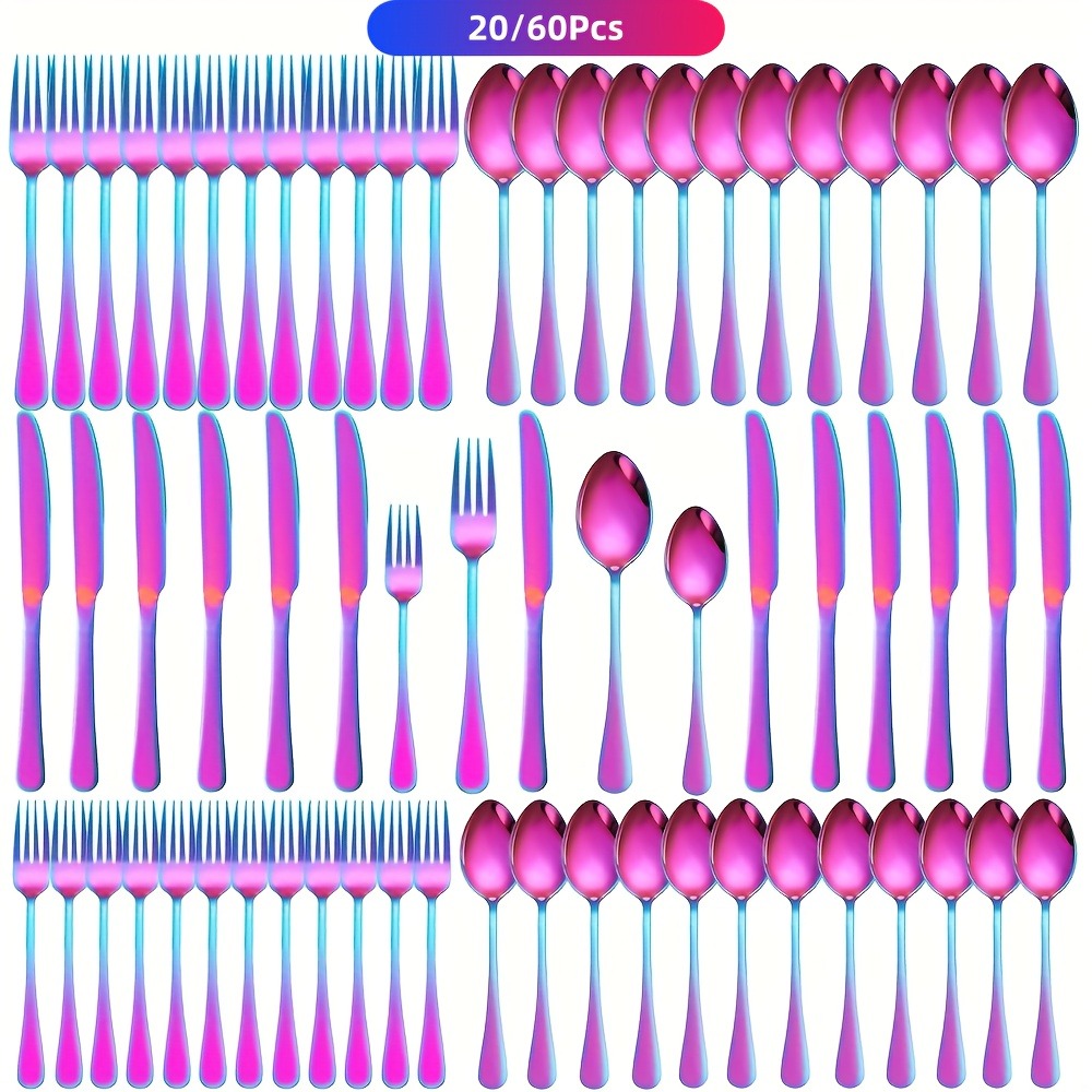 Flatware Set for 12, 60-Piece 304 Stainless Steel Cutlery Set with Mirror Polish & Titanium Plated Finish ¡ª Dishwasher Safe Silverware with Knife, Fork & Spoon | Silver, Gold & Rainbow