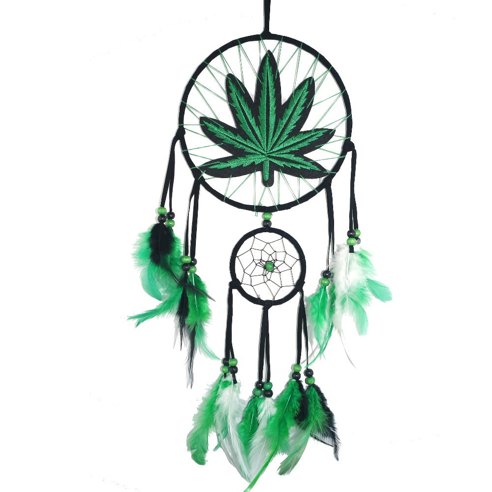 Bohemian Dream Catcher with Feathers & Leaf Embroidery ¨C Boho Wall Hanging Decor for Bedroom, Bedside, Cabin & Living Room ¨C Handcrafted Woven Dreamcatcher Gift for Women and Men