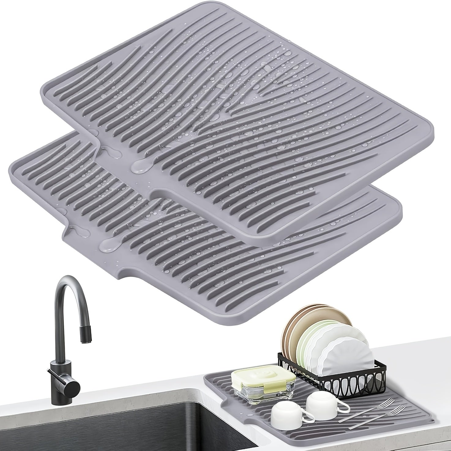Silicone Dish Drying Mat Large 34.5x19in Slope Drain Design Kitchen Counter Drying Pad for Dishes Utensils & Countertop ¨C Heat Resistant Non-Slip Draining Mat